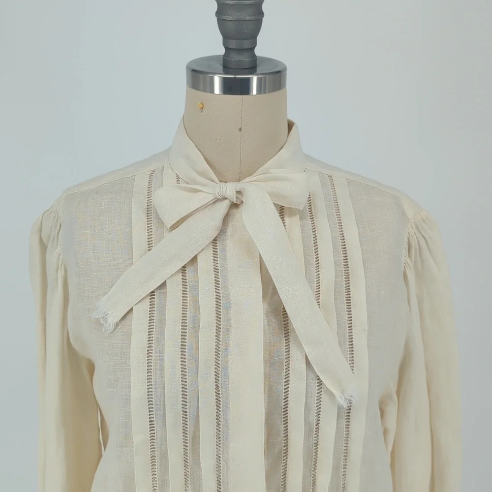 Vintage Pleated Button Down Top Ivory S/M preppy retro Business casual bohemian - Picture 3 of 9